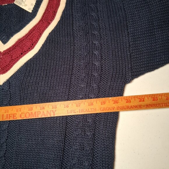 Vintage 90s Stefano Man Sweater L Blue Maroon Cable Knit V Neck Academia Preppy - Picture 5 of 14